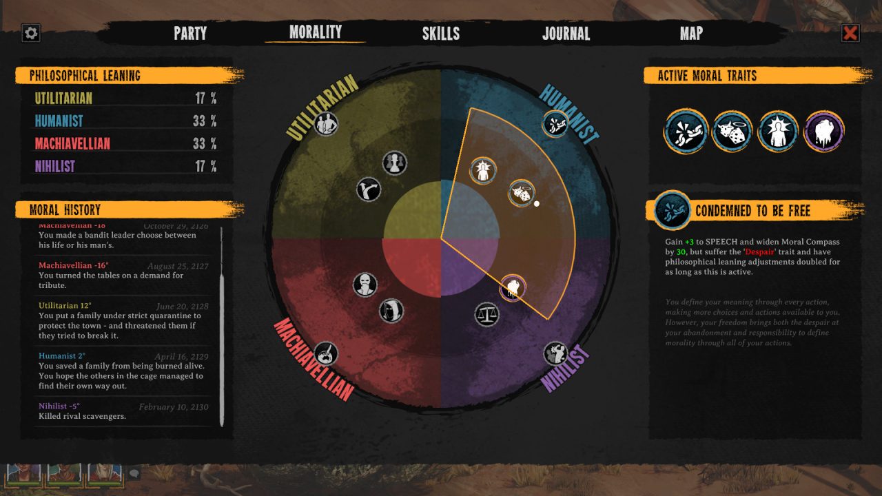 A Moral Compass is shown in Broken Roads, with Humanist, Nihilist, Machiavellian, and Utilitarian quadrants.