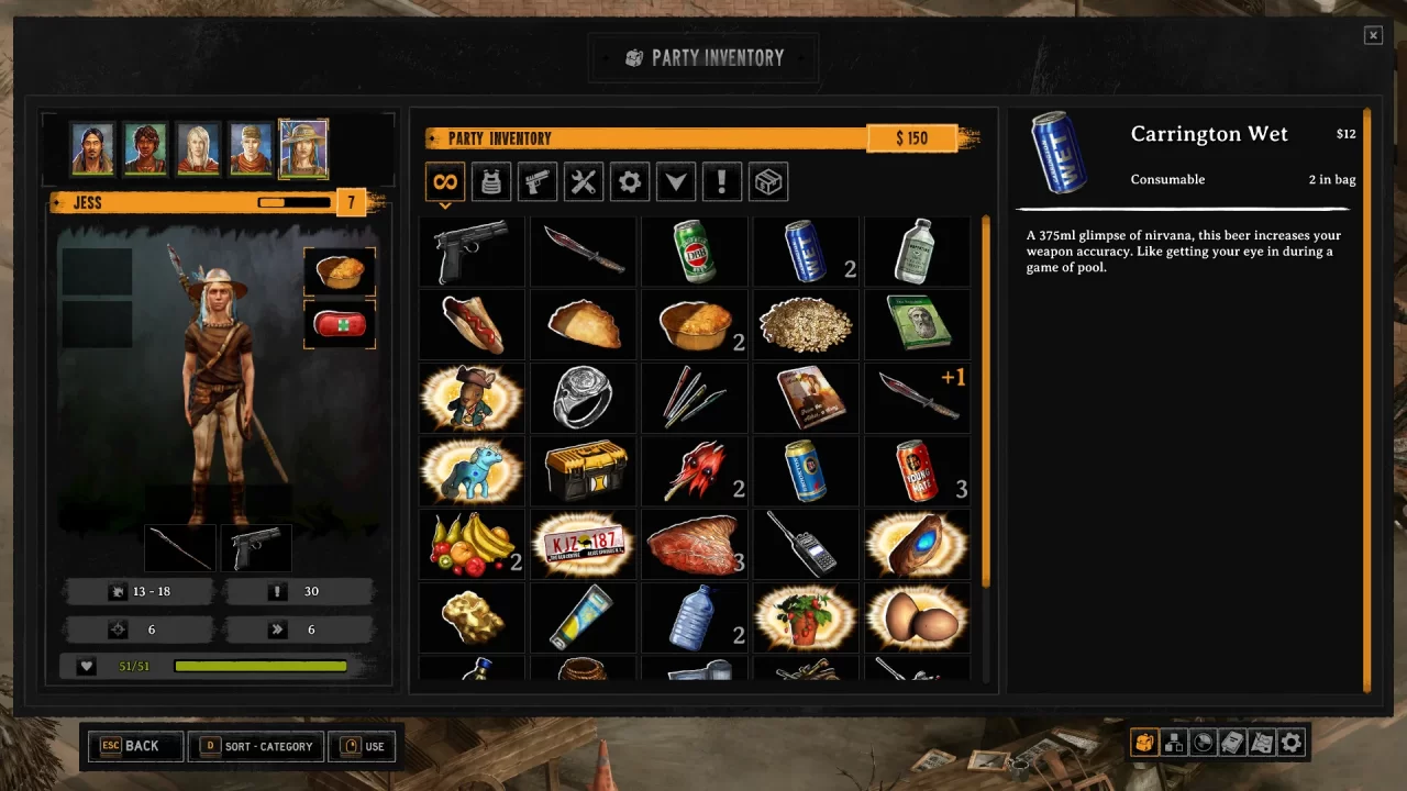 Broken Roads' inventory screen with Jess carrying lots of food, weapons, and beer.