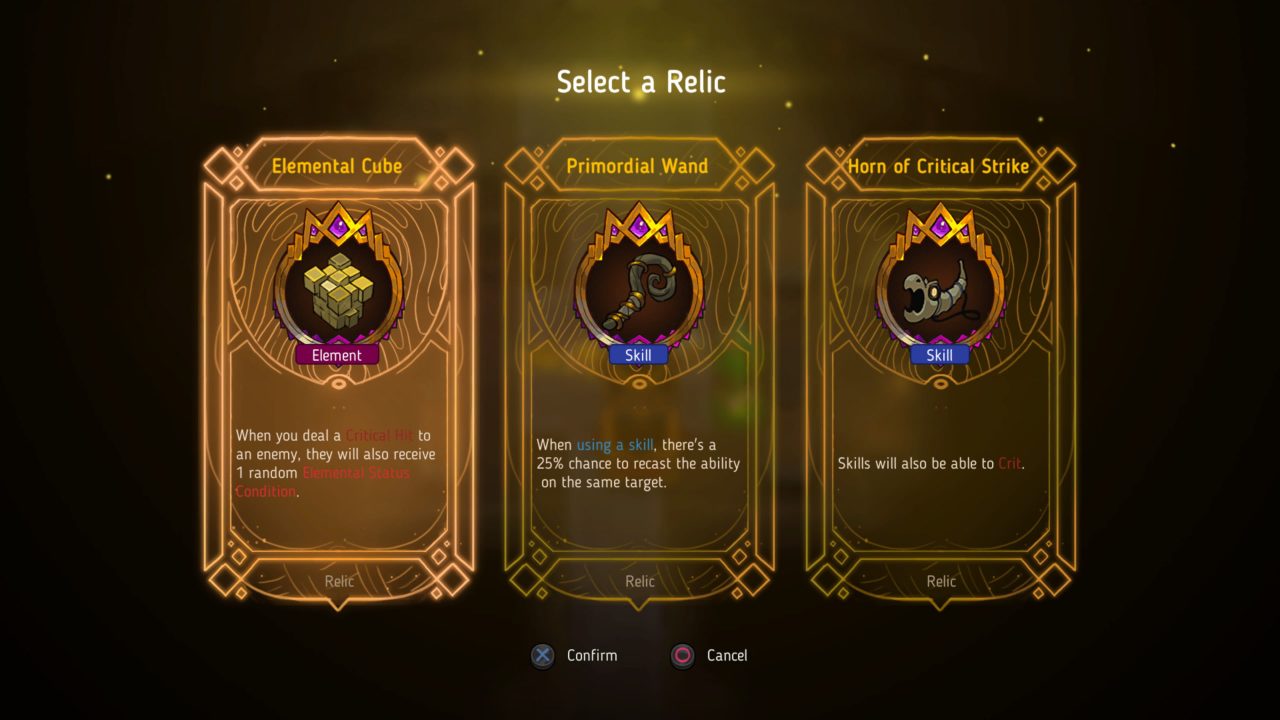 A screen prompting you to select between three different relics in Crown Trick.