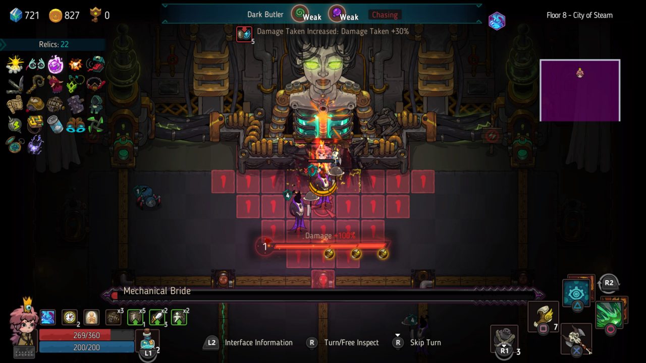 Elle battling a boss and her minions in Crown Trick.