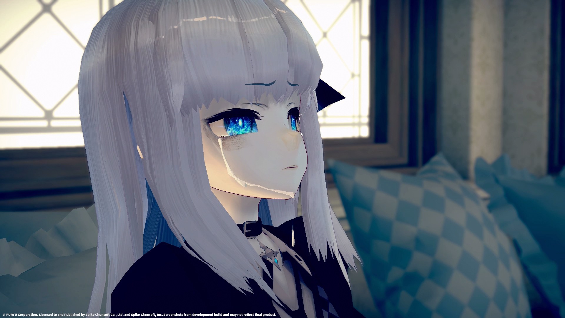 Crystar screenshot of a white-haired girl sitting on a couch by a window, crying.