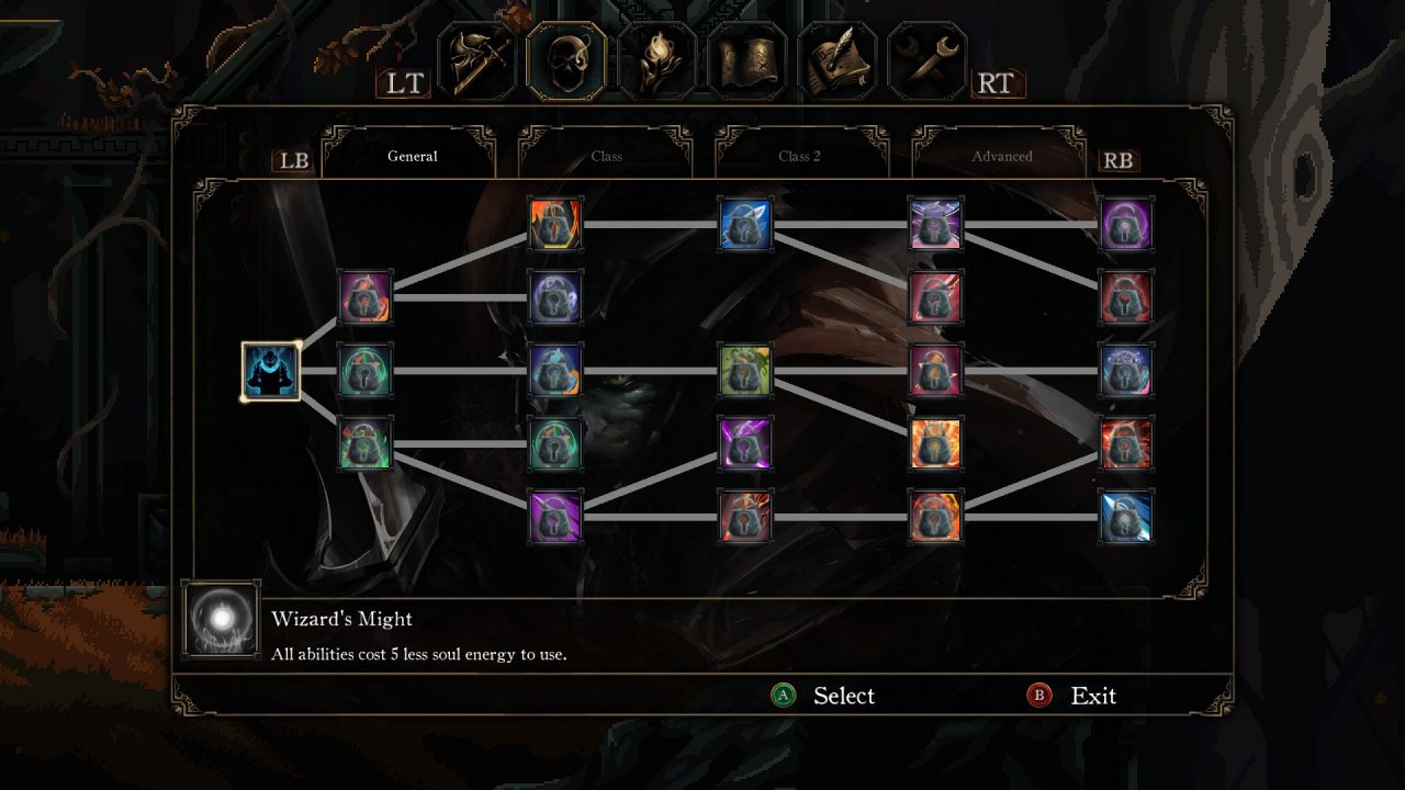 A skill tree screenshot from Death's Gambit: Afterlife.