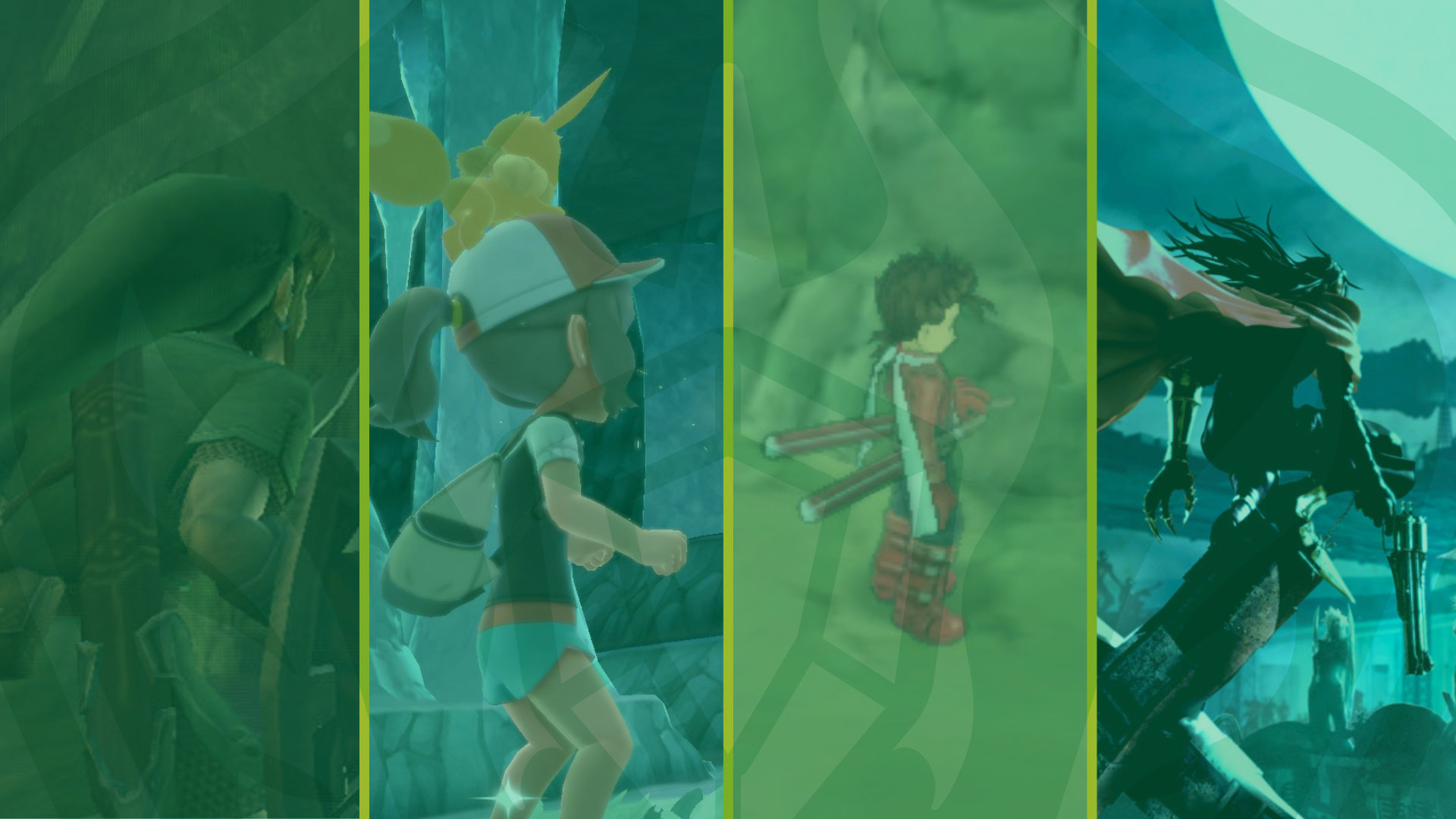 TRADUCTION : Qu'est-ce qui fait un bon donjon de RPG ? par RPG Fan 1 Dungeon Crawlers 1 image of characters from Zelda, Pokémon, Tales of Symphonia, and Final Fantasy VII looking onward.