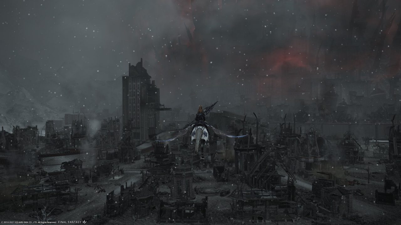 A male Viera Dragoon flying over the burnt-out ruins of Garlemald in Final Fantasy XIV Endwalker