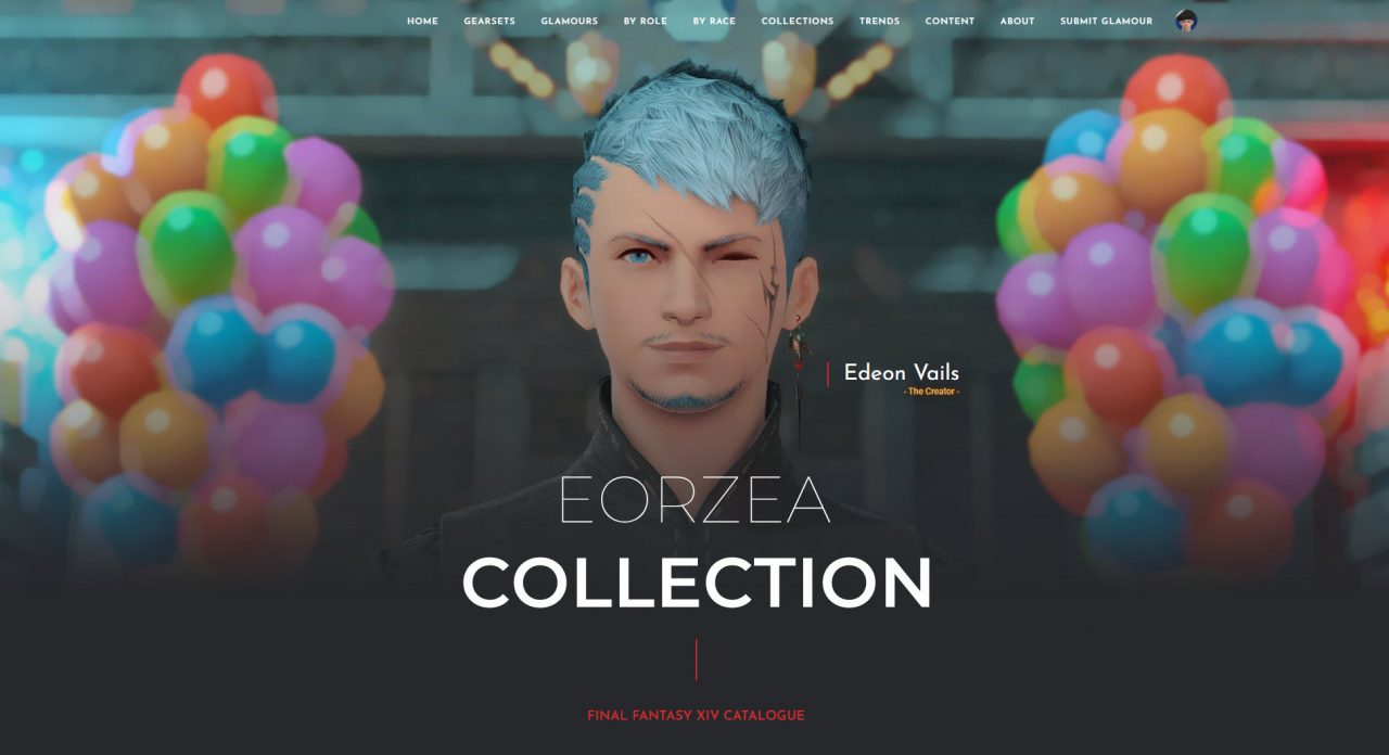 An image of the front page of Eorzea Collection, a Final Fantasy XIV glamour website, featuring the creator's own Warrior of Light.