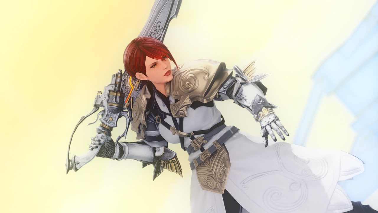 An image of a stylish, white Final Fantasy XIV gunbreaker glamour.