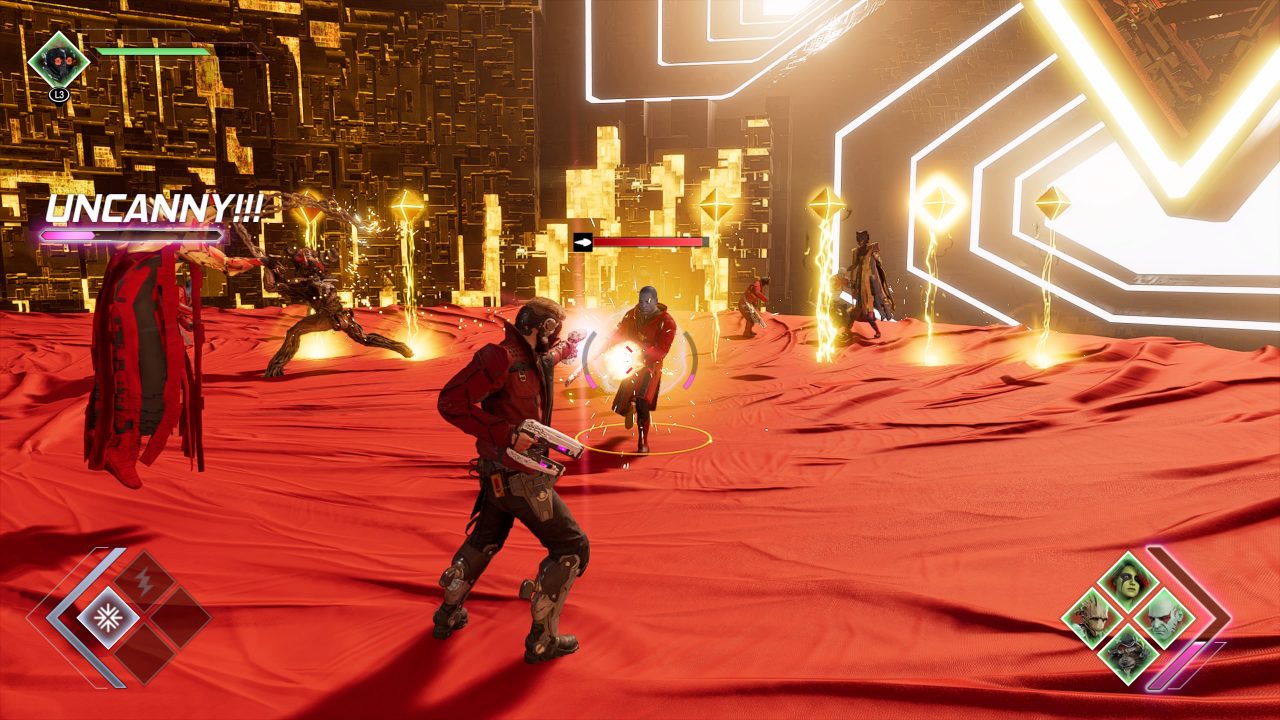 Guardians of the Galaxy combat with Star-Lord takes aim at enemies in a very red area.