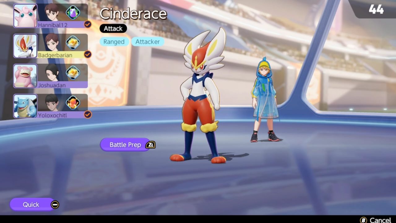 Pokémon Unite Character Select featuring Cinderace.