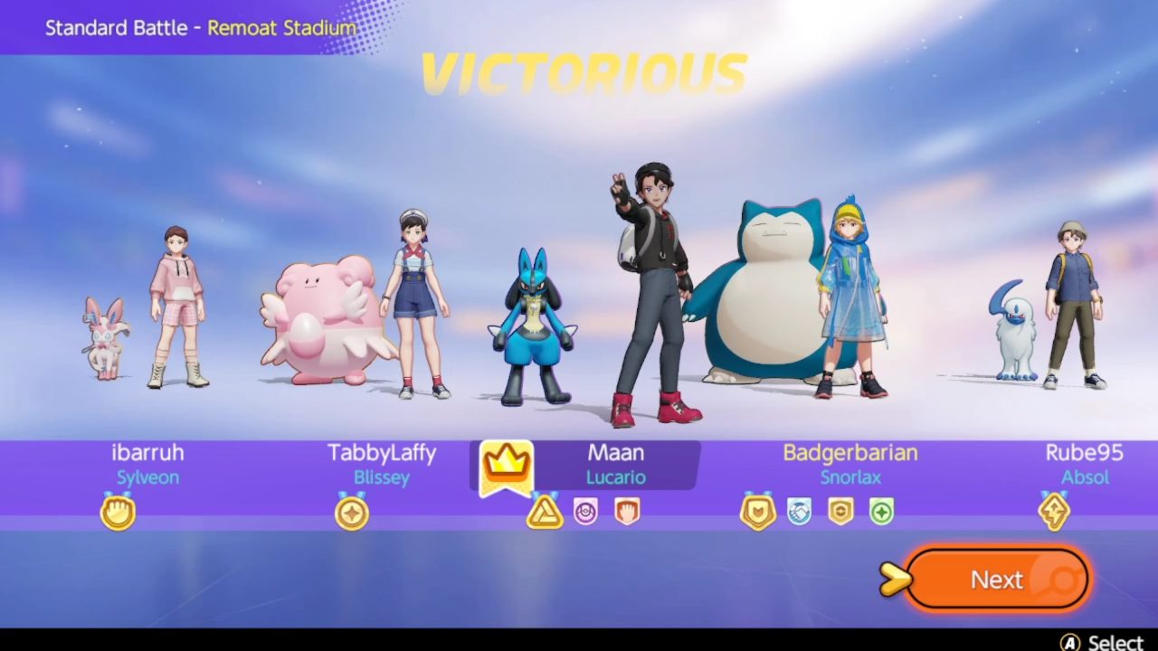 Pokémon Unite Victory Screen with Lucario front and center.