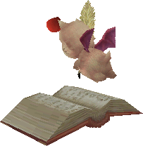 Final Fantasy IX save point of a moogle with a feather pen floating over an open book.