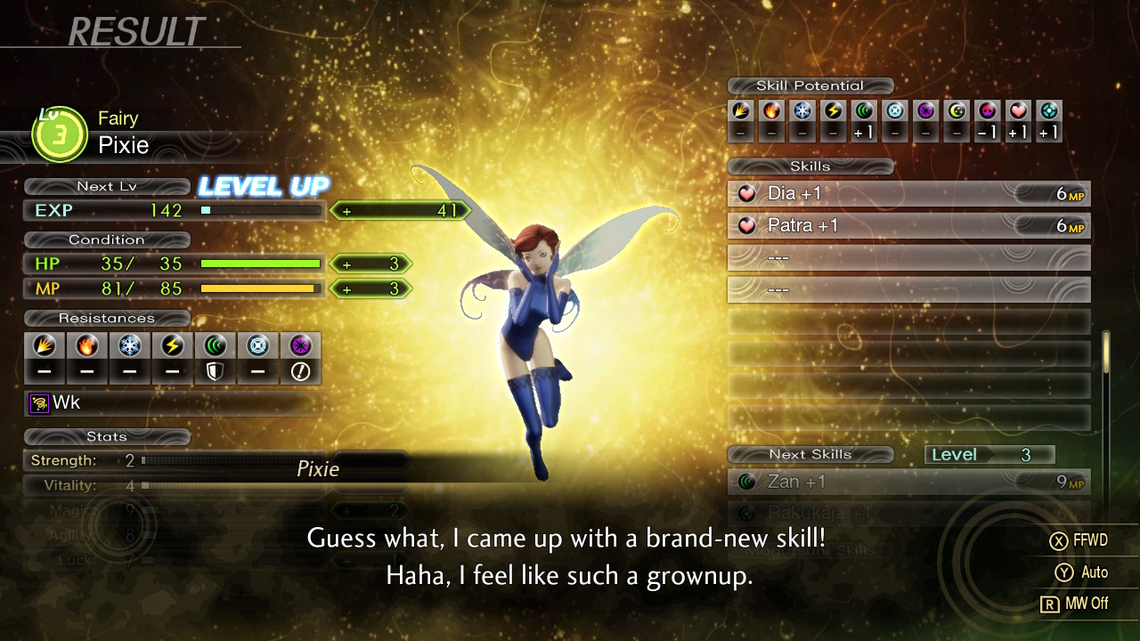 A screen showing a demon known as a Pixie, a winged fairy, leveling up in Shin Megami Tensei V. The Pixie says "Guess what, I came up with a brand-new skill! Haha, I feel like such a grownup." The Pixie's stats and skills are also displayed.