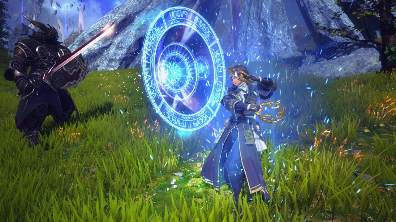 A person dressed in blue casts a spell in lush green grass in Star Ocean The Divine Force