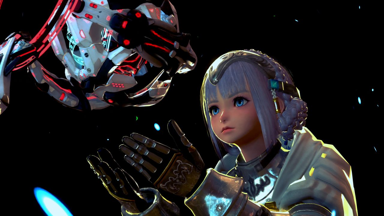 A screenshot of Laeticia and D.U.M.A from Star Ocean: The Divine Force.