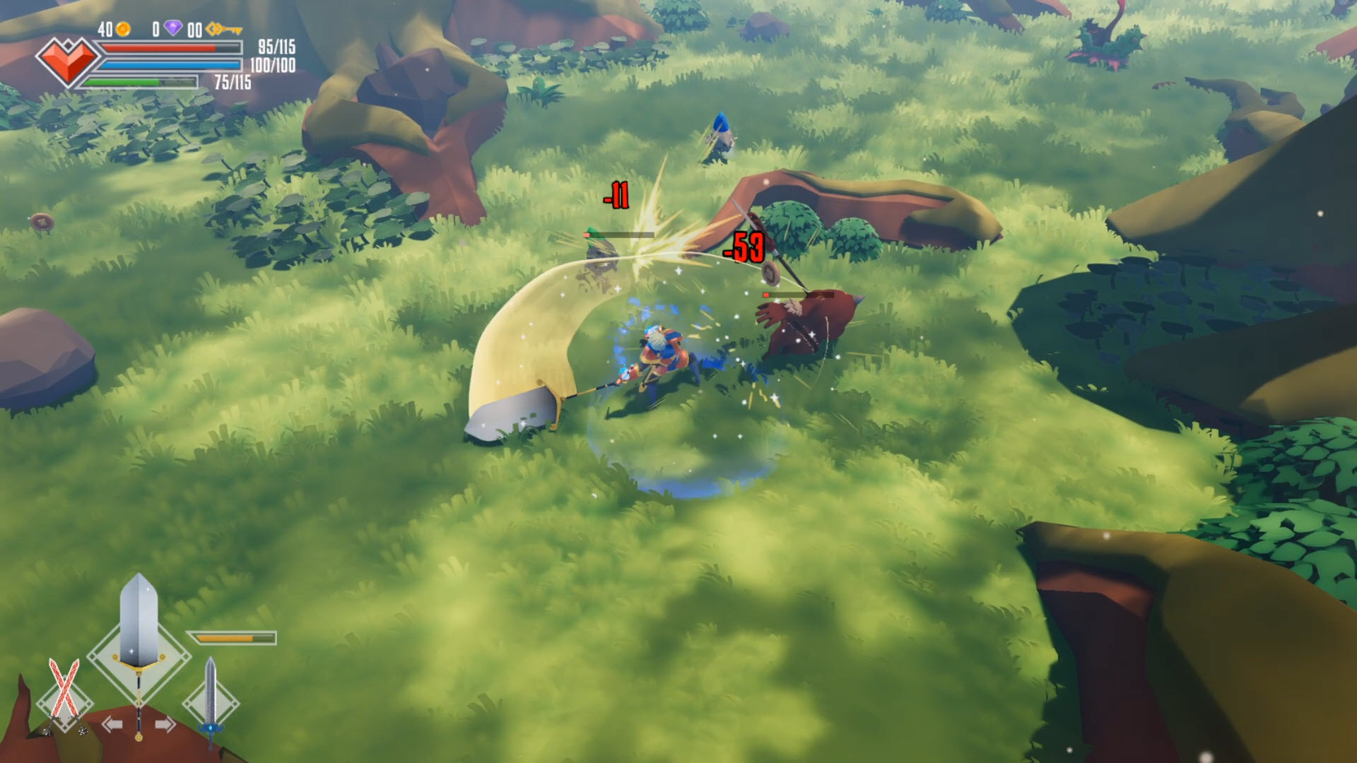 The main character of Swordcery: Prologue attacking enemies with a sword in the middle of a lush green forest.