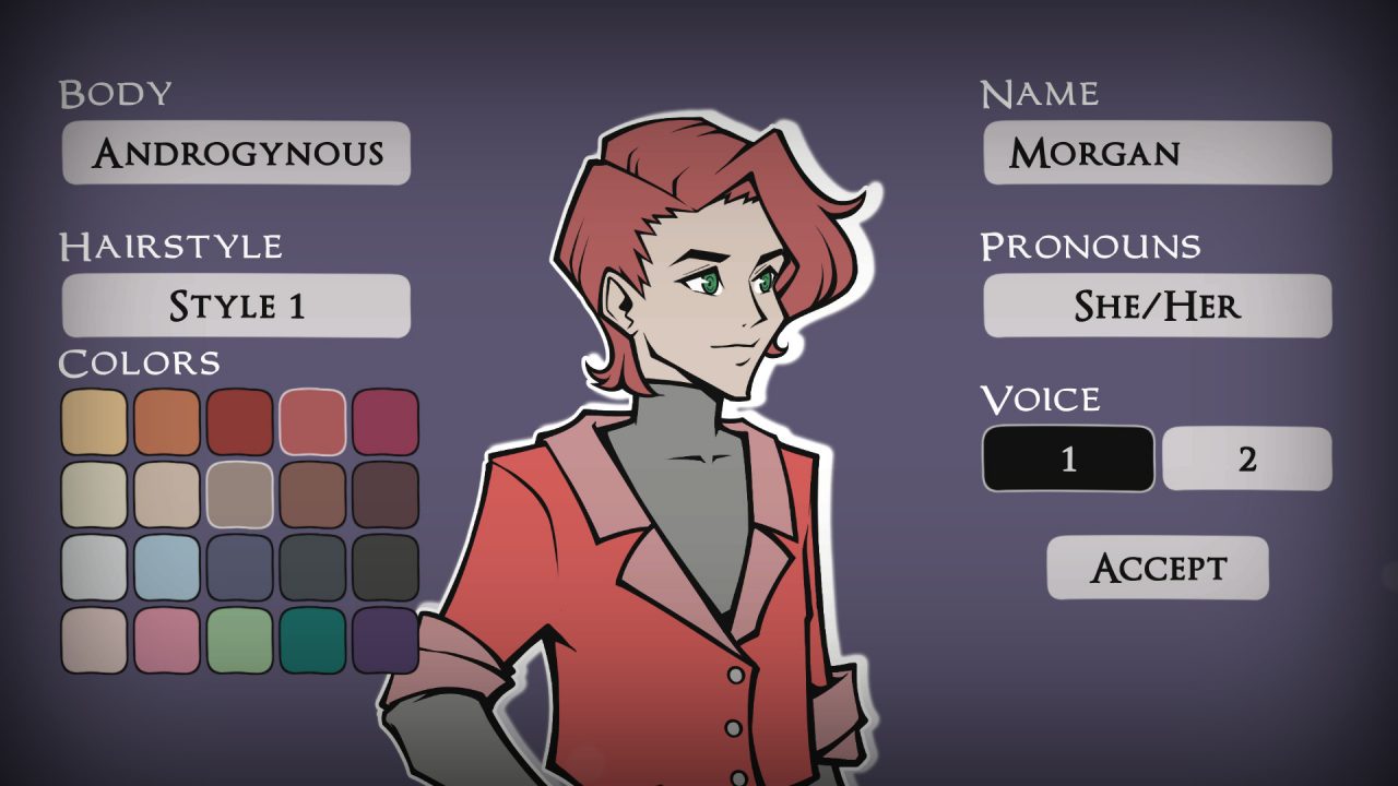 A character creation screenshot from Arcadia Fallen displaying an androgynous appearance, she/her pronouns, and hairstyle 1.