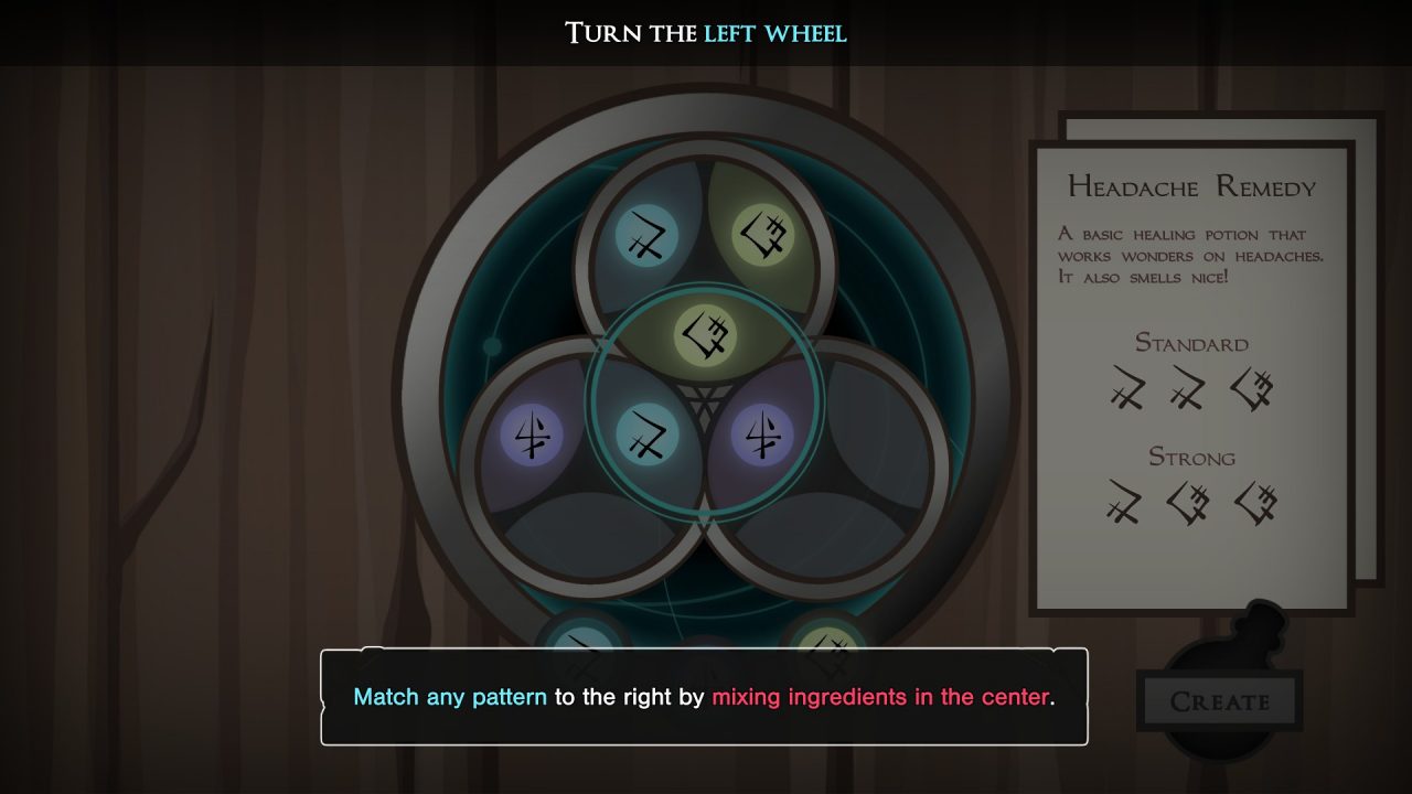 An alchemy puzzle in Arcadia Fallen with instructions to turn the left wheel.