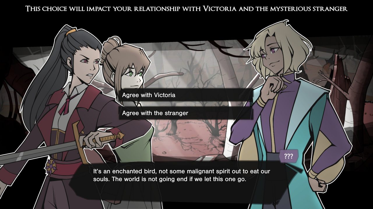 Three female characters stand face to face in Arcadia Fallen. One has their sword drawn with long brown hair, the girl standing next to her has short brown hair, and the other has short blonde hair.