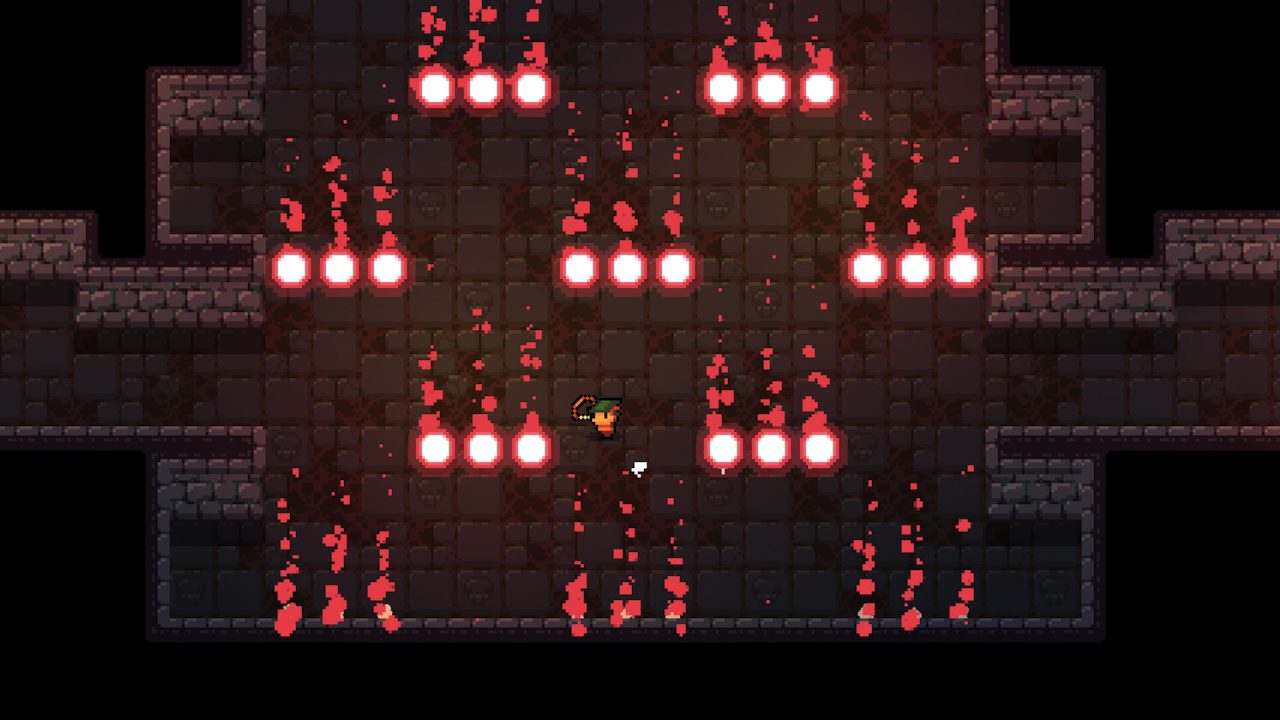 An example of bullet hell mechanics in Archvale with red bullets flying across a black dungeon room.