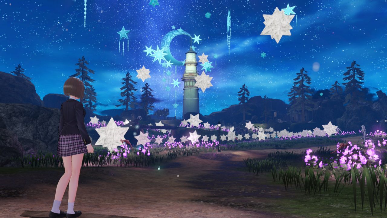 Blue Reflection: Second Light protagonist Ao Hoshizaki standing in a Heartscape with a lighthouse and stylized night sky.