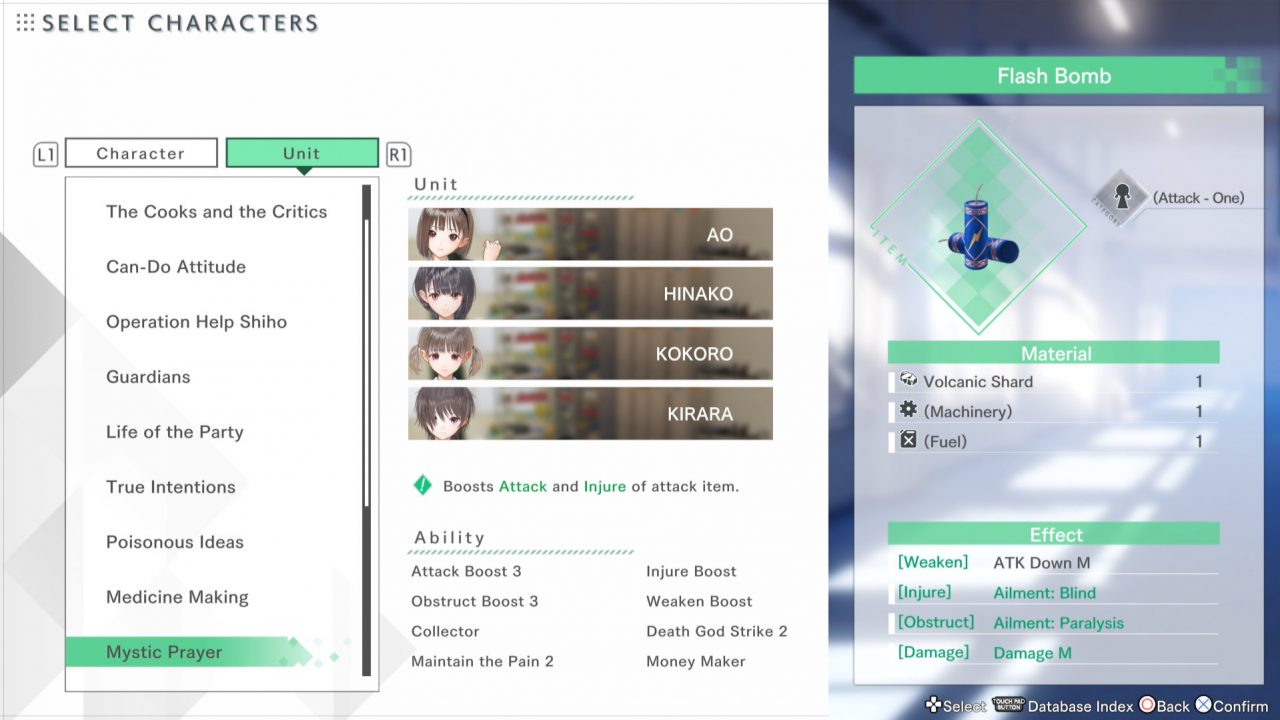 Blue Reflection: Second Light protagonists being selected to craft items in Atelier-like synthesis system.