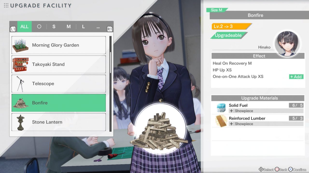 Blue Reflection: Second Light protagonist Ao Hoshizaki reviewing facility upgrade requirements for school development.