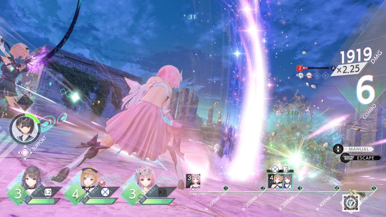 Blue Reflection: Second Light protagonist Hiori Hirohara from Blue Reflection Ray attacking an enemy.