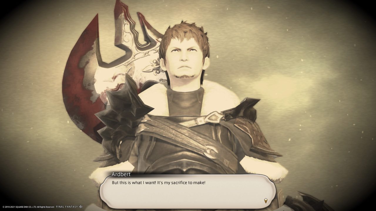 Ardbert, a brown-haired human warrior with a blood-stained axe, stands begging to be sacrificed in a flashback, in Shadowbringers.