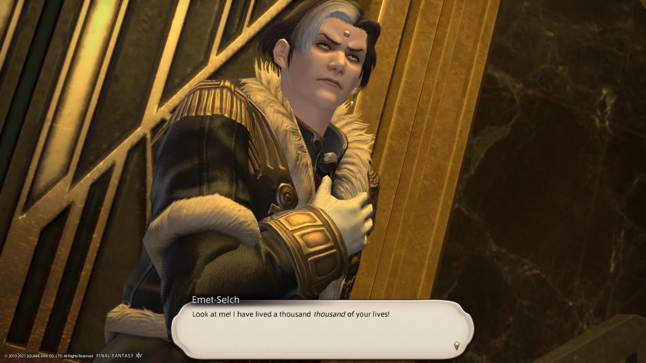 Emet-Selch stands in front of some gates in Amaurot, his hand on his chest, as he exclaims over how much pain he has been put through in Shadowbringers.