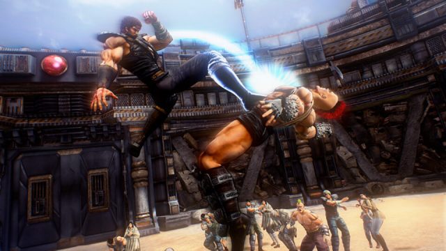 Kenshiro leaping in the air to deliver a downward kick into a thug's torso in Fist of the North Star: Lost Paradise.