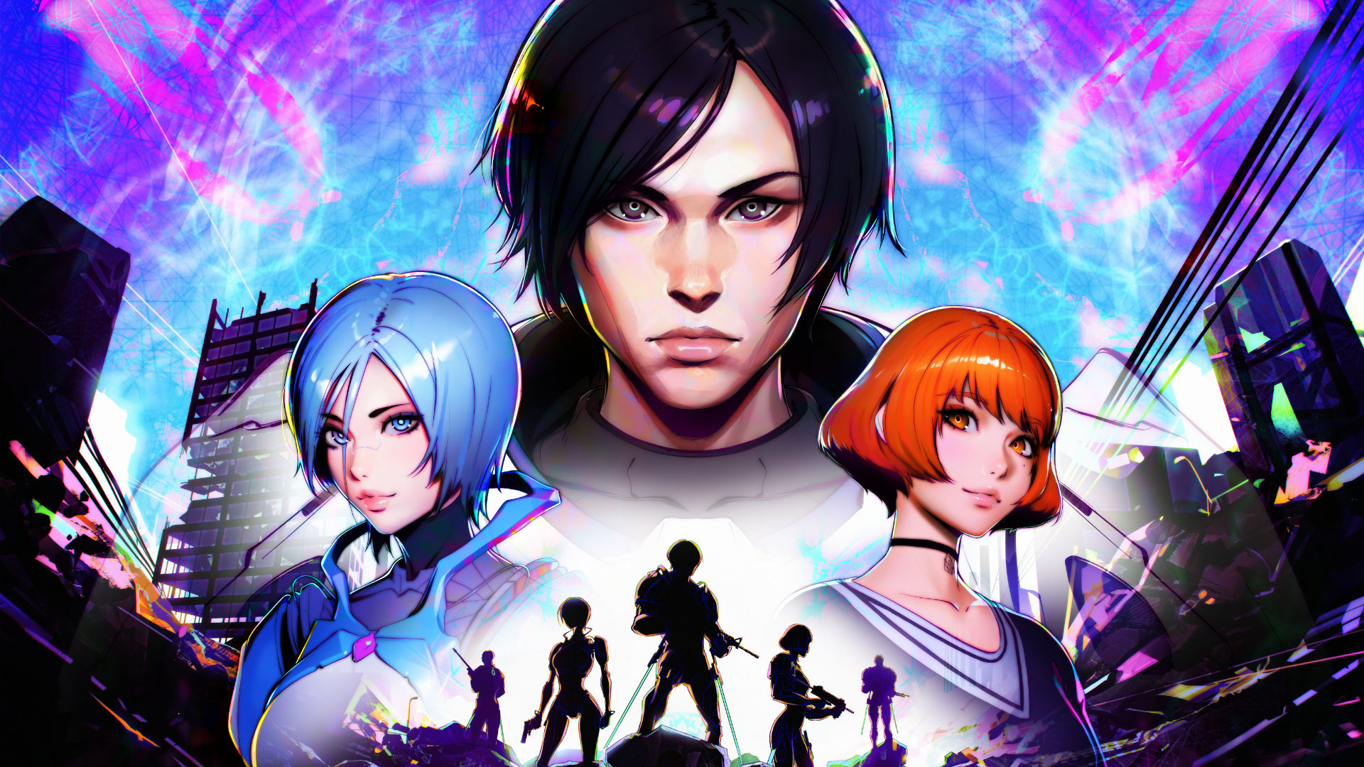 Guns Undarkness artwork depicting three people above silhouetted fighters with an urban backdrop