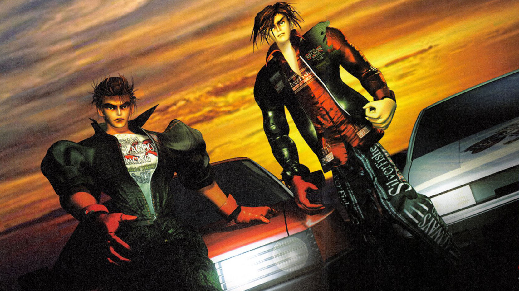 Racing Lagoon artwork of two men in street racing gear leaning against their sports cars at sunset.