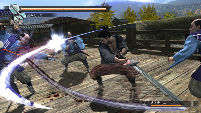 Ryu ga Gotoku Kenzan! of a man horizontally swinging a large sword against a trio of attacking men on a 1600s-era wooden bridge in Kyoto.