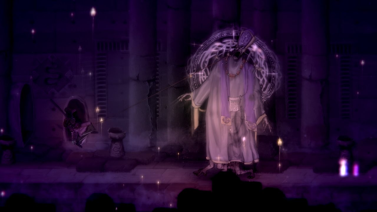 Mage boss getting hookshot in the eye.