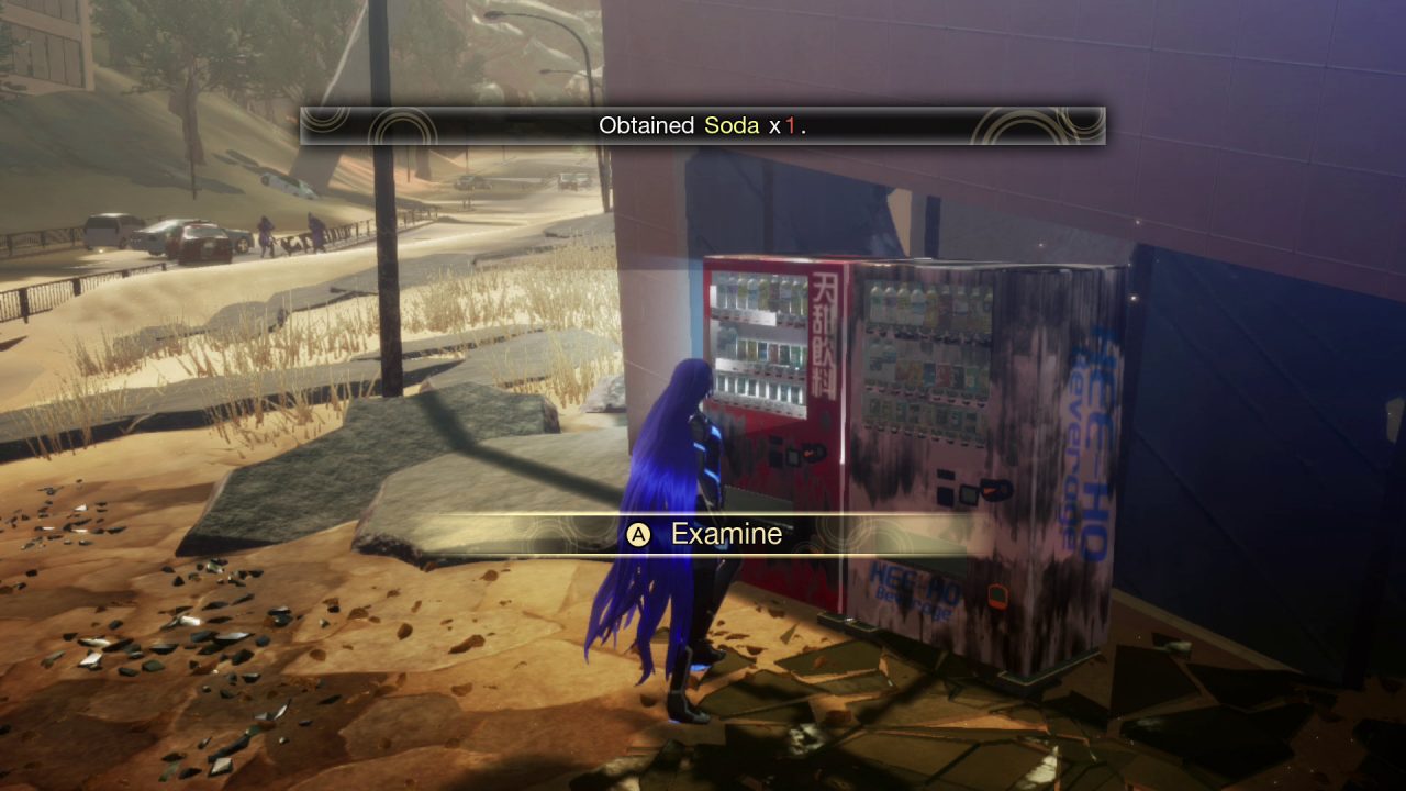 A blue haired character examines a vending machine and obtains a Soda in Shin Megami Tensei V.