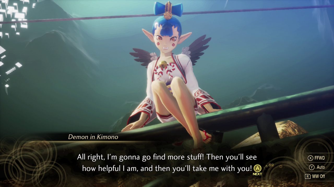 A winged girl sits atop a railing in Shin Megami Tensei V and says "All right, I'm gonna go find more stuff! Then you'll see how helpful I am, and then you'll take me with you!"