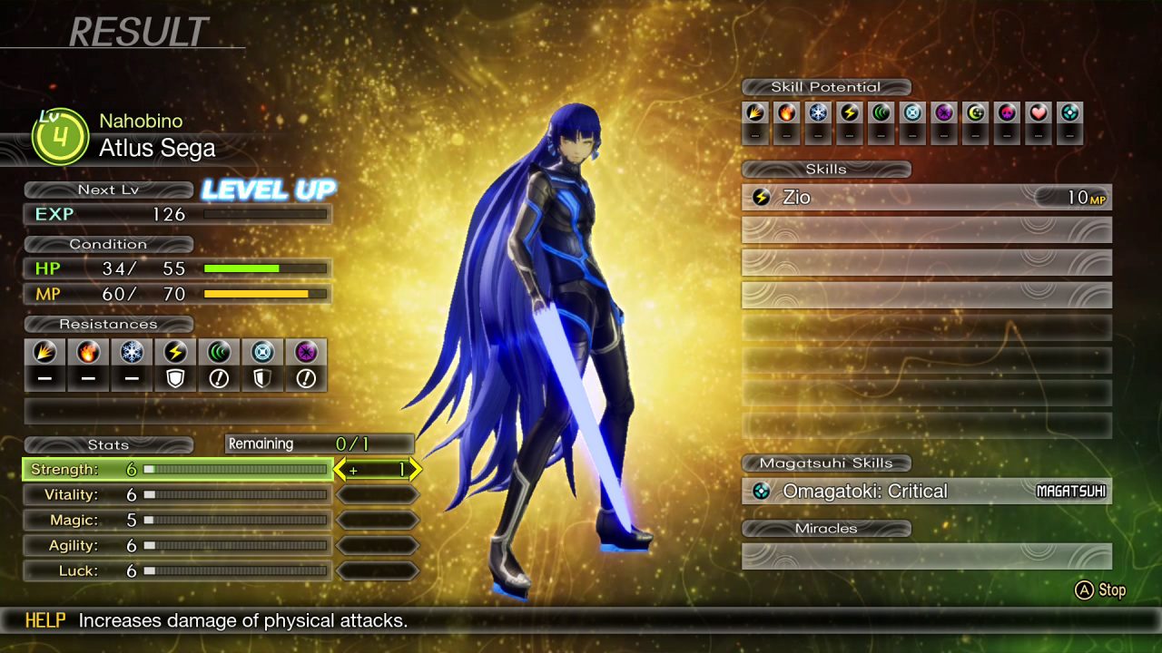 A level up screen from Shin Megami Tensei V. The character's Stats and Skills are shown on either side of the character.