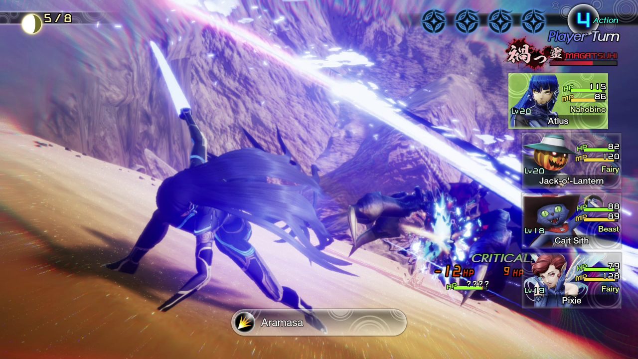 A blue haired character slashes through a demon during battle in Shin Megami Tensei V. The skill used is displayed as "Aramasa".