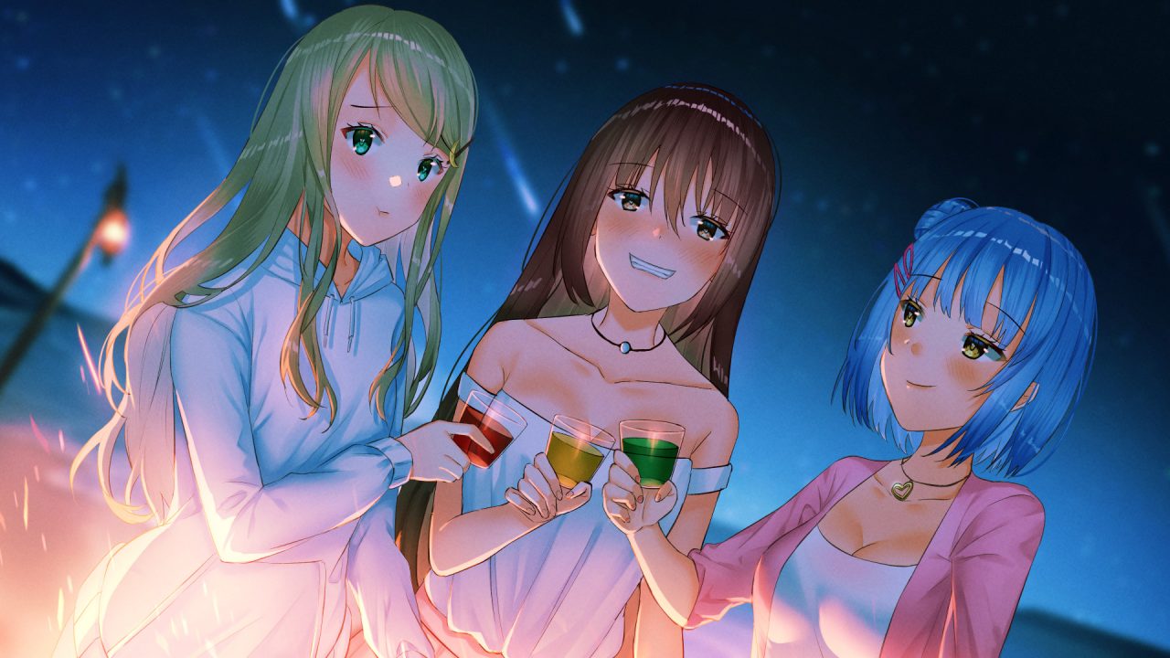 Three anime women stare intently at you to an uncomfortable degree in Starlight Shores.