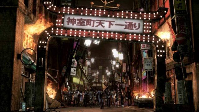 Zombies shamble through a dilapidated Kamurocho in Yakuza: Dead Souls.