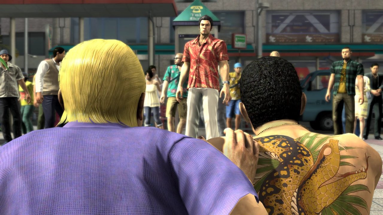 Yakuza 3 screenshot of two men approaching Kiryu, who is looking onward with determination.