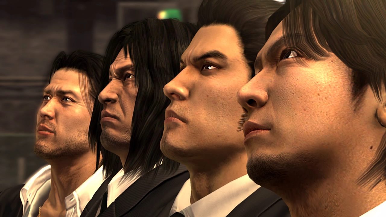 Side view close-up of the faces of the four male protagonists of Yakuza 4 looking up in the sky dramatically.