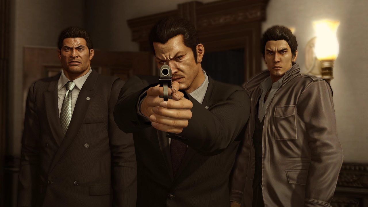 A screenshot of a man wielding a gun next to two people in Yakuza 5