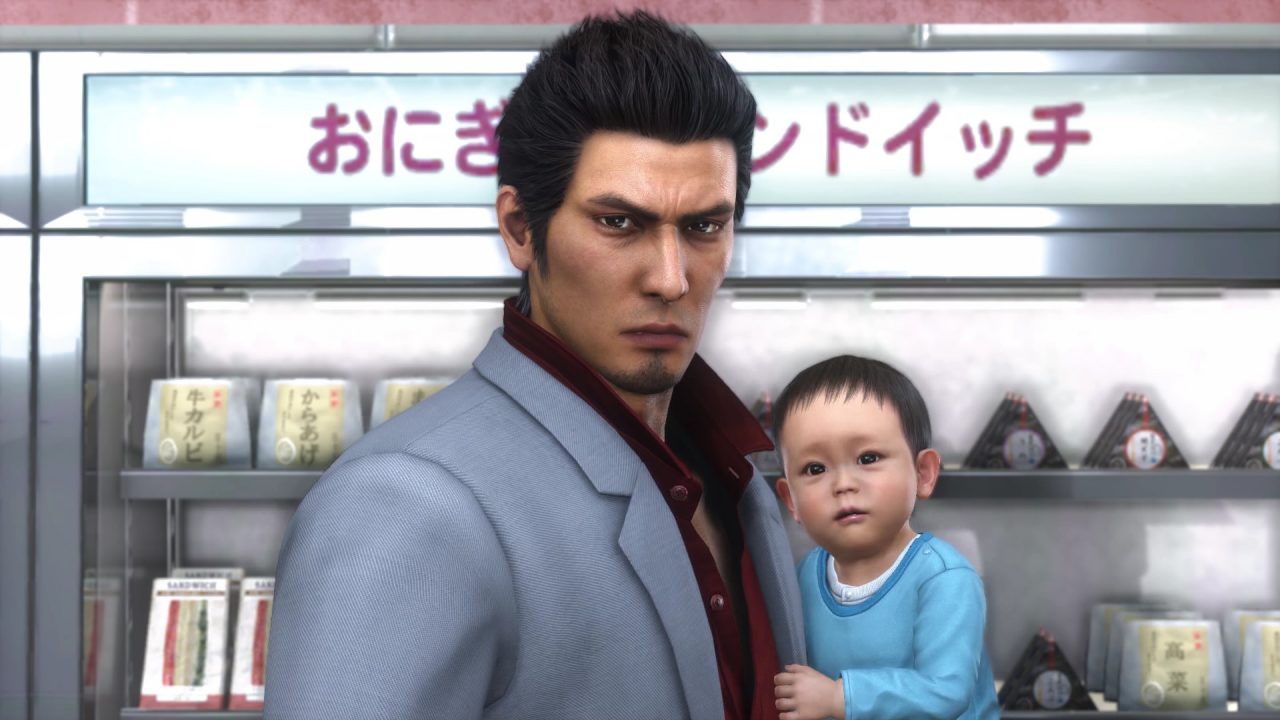 Yakuza 6 screenshot of Kiryu standing in a convenience store near packaged lunches holding a toddler.