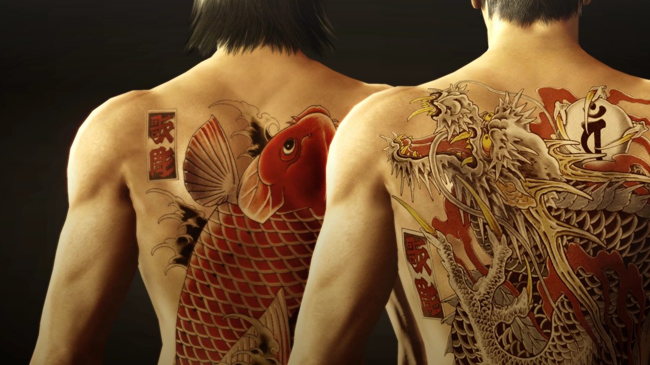 Yakuza Kiwami screenshot of two men's full back tattoos, one of a carp, and one am ornate dragon.