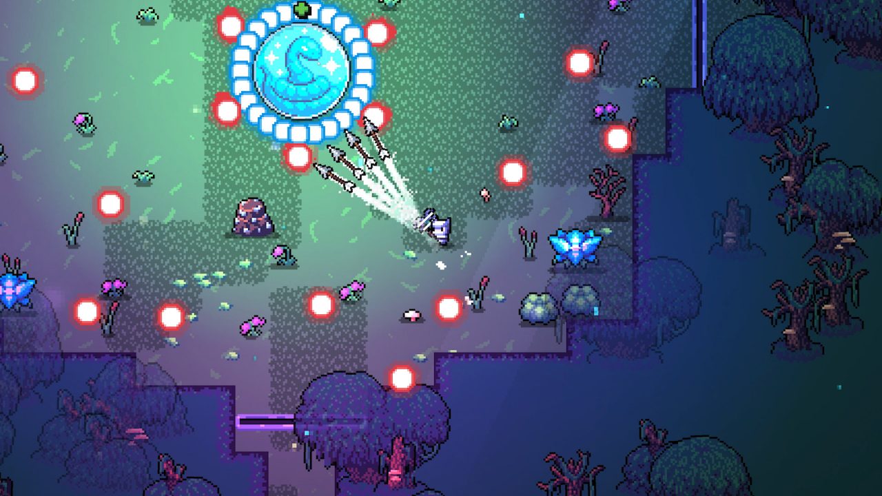 Protected snake and horcrux with player character shooting arrows into it in Archvale.