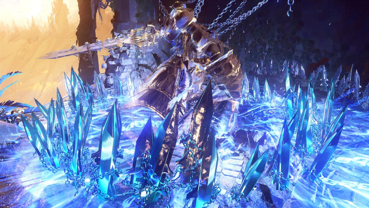 A warrior in gold armor is imprisoned in chains and surrounded by blue crystals.