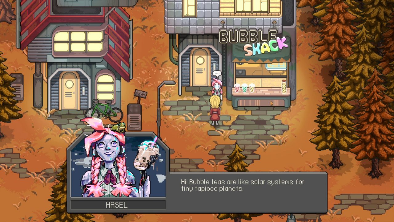 Robot character explaining Bubble Tea in front of the "Bubble Shack" in Chef RPG.