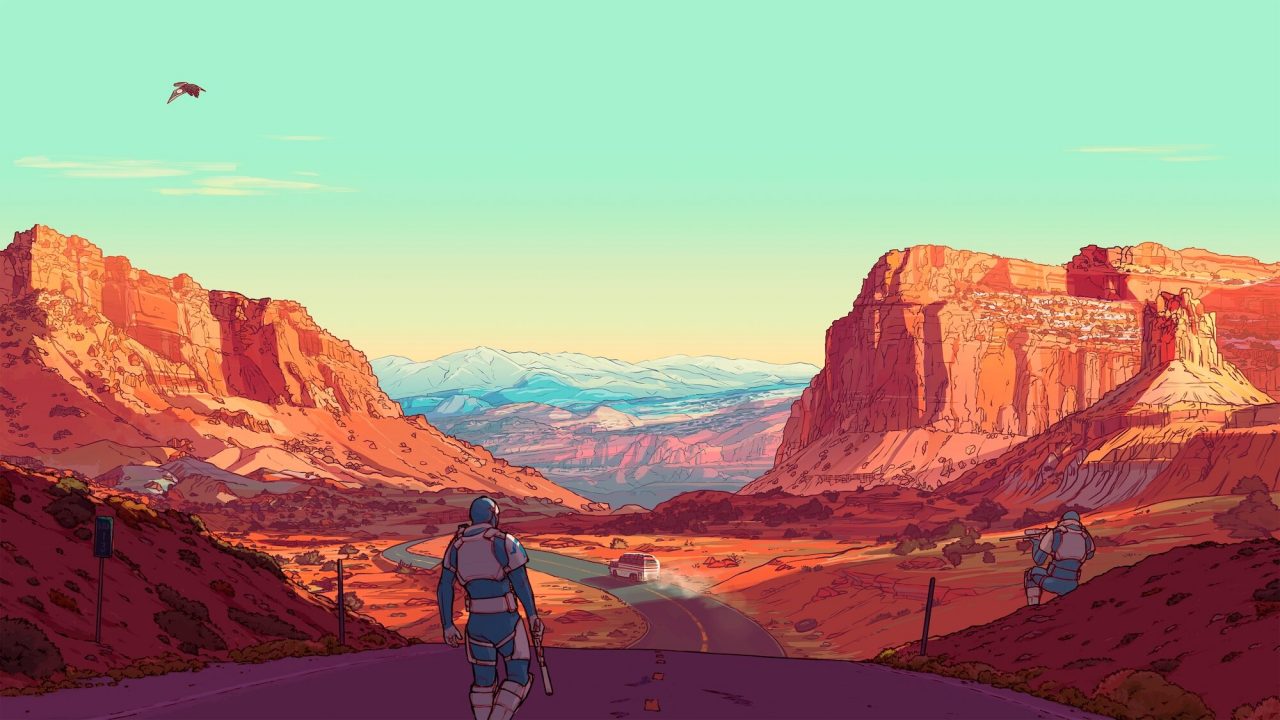 Dustborn artwork of a character walking through a canyon at sunset