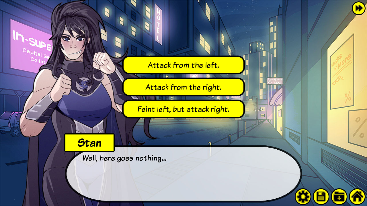 Stan facing off against an opponent in Henchman Story, choosing an attack position.