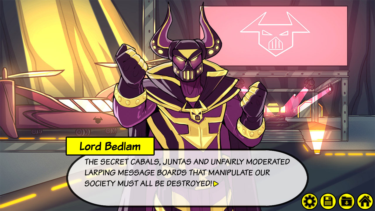 A Henchman Story screenshot featuring Lord Bedlam revealing his plan to destroy allegedly unfair group communication on the internet.